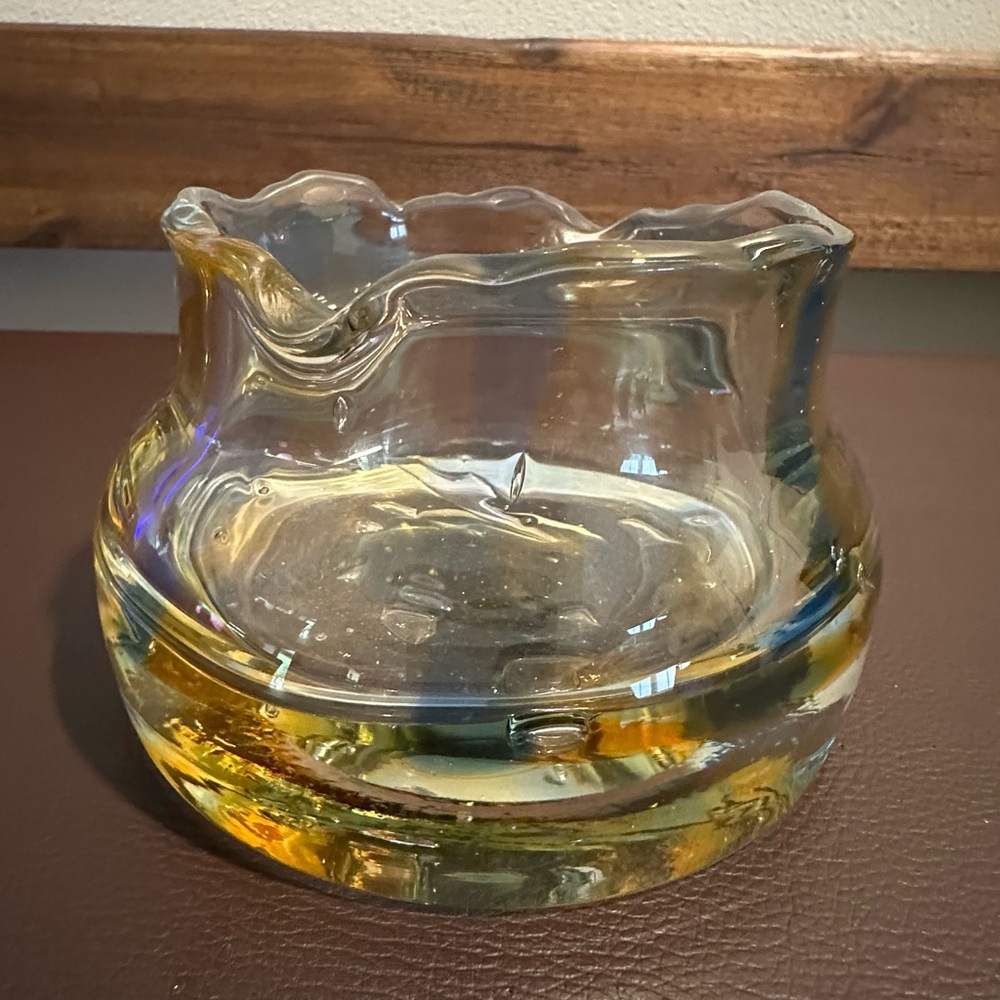 Vintage MCM Blown Glass Ashtray Bowl Orange Blue & Clear